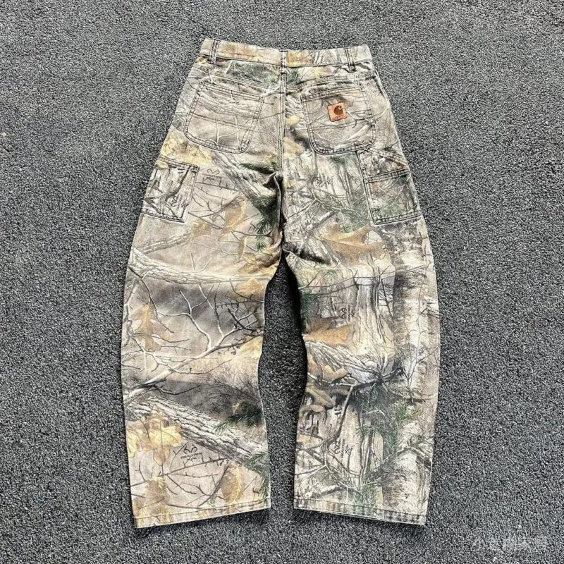 免運 臺灣出貨 牛仔褲男 夏季水洗新款迷彩褲樹枝 男款美式做舊闊腿寬鬆直筒牛仔褲子 迷彩工裝褲 美式復古戶外風